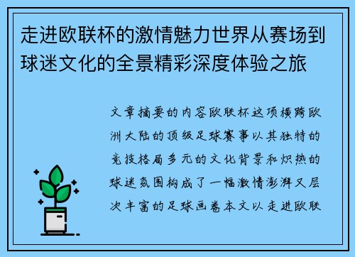 走进欧联杯的激情魅力世界从赛场到球迷文化的全景精彩深度体验之旅